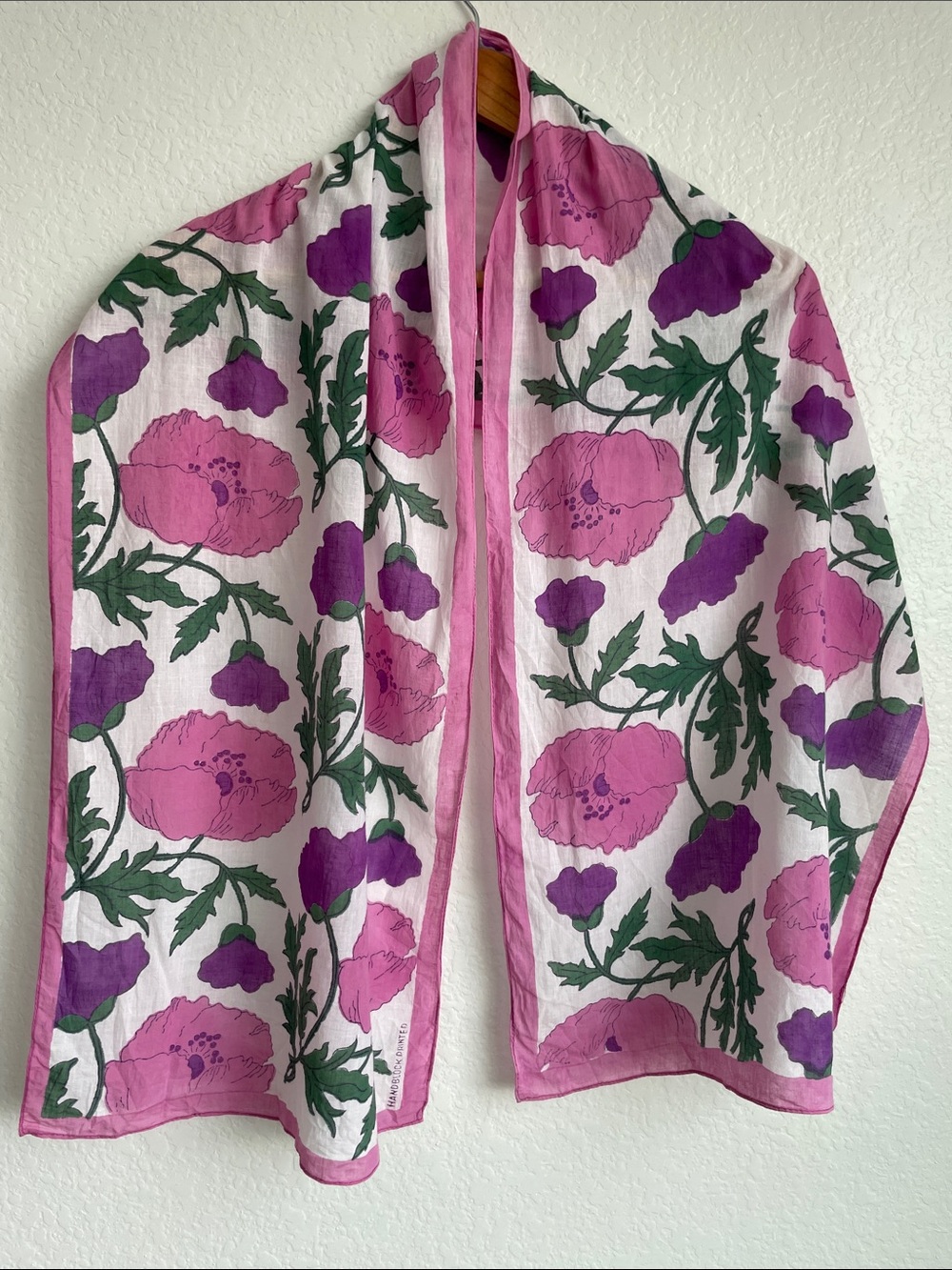HANDBLOCK PRINTED Floral Pink & Purple Poppies Cotton Scarf